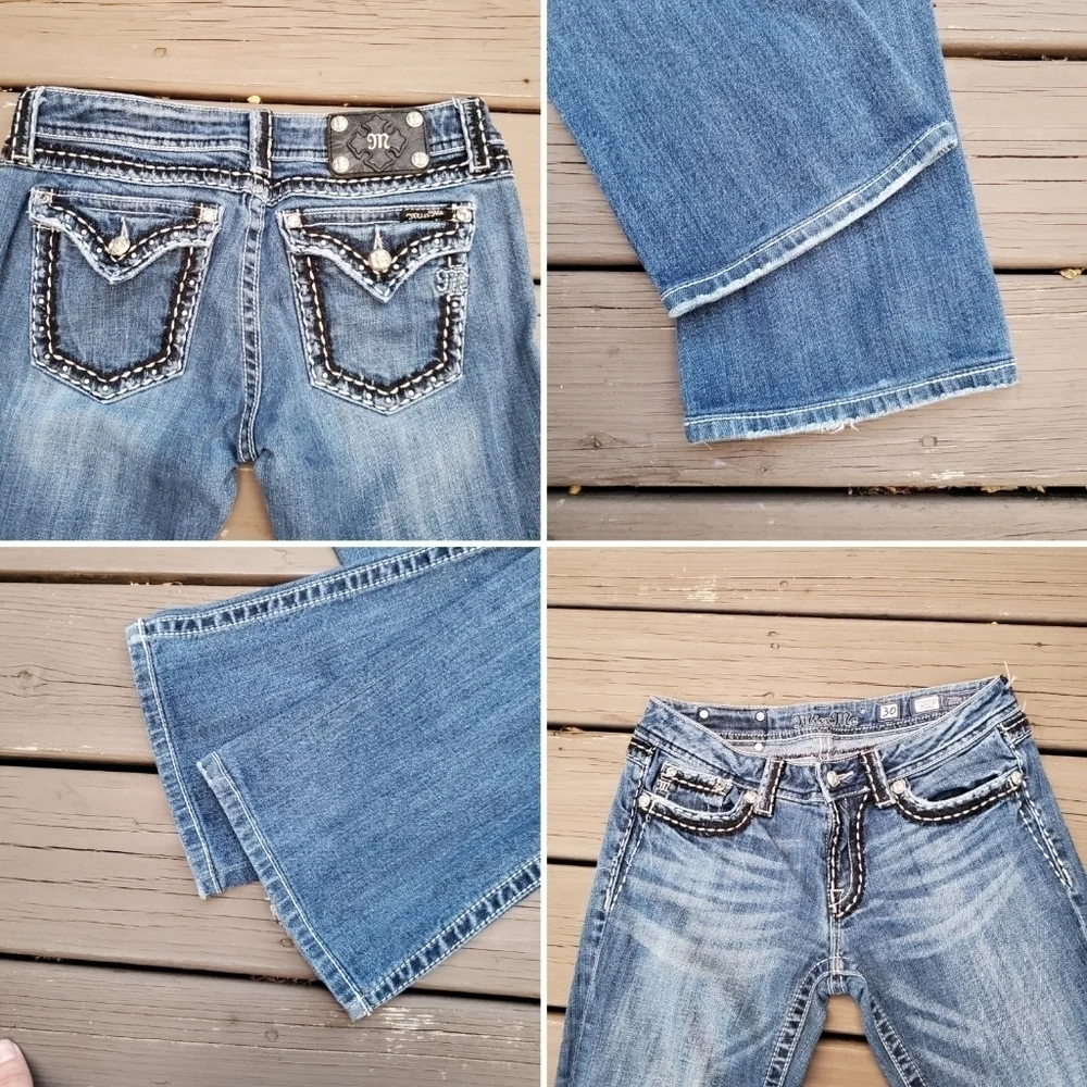 Miss Me Signature Buckle Mid-Rise Bootcut‎ Flare Embroidered Bling Stretch Jeans